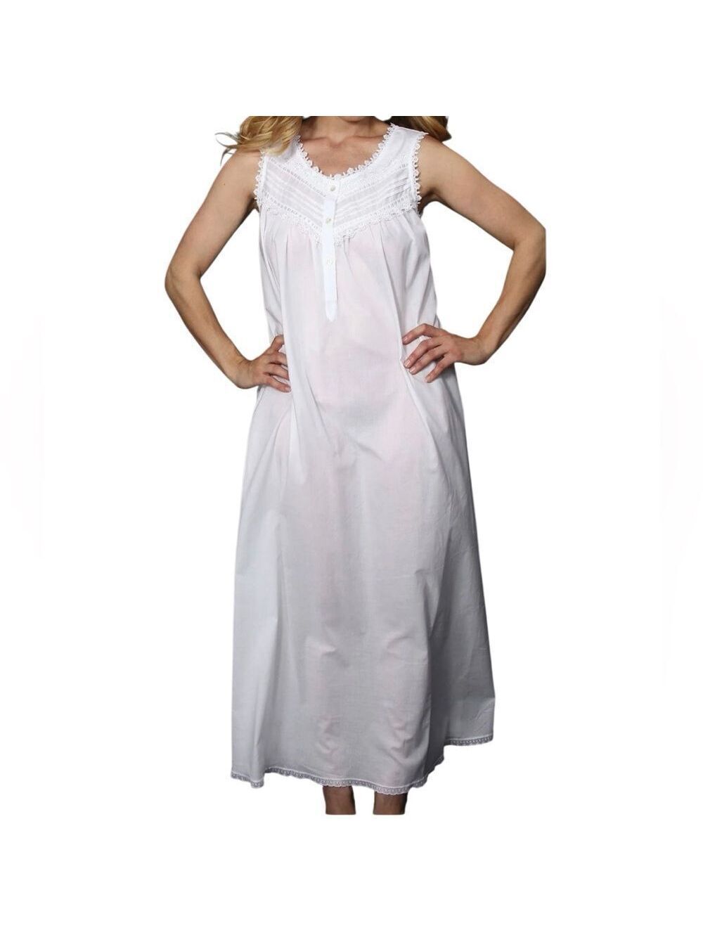 Priamo Classic Cotton Lace Eyelet Pleats White Long Sleeveless Gown M Vintage